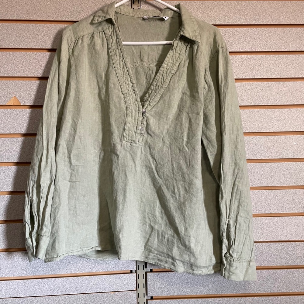 Zara Womens XL Sage Green Linen Blend V-Neck Popover Tunic Blouse Long Sleeve